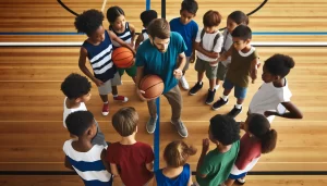 Kids on a basketball court with their coach