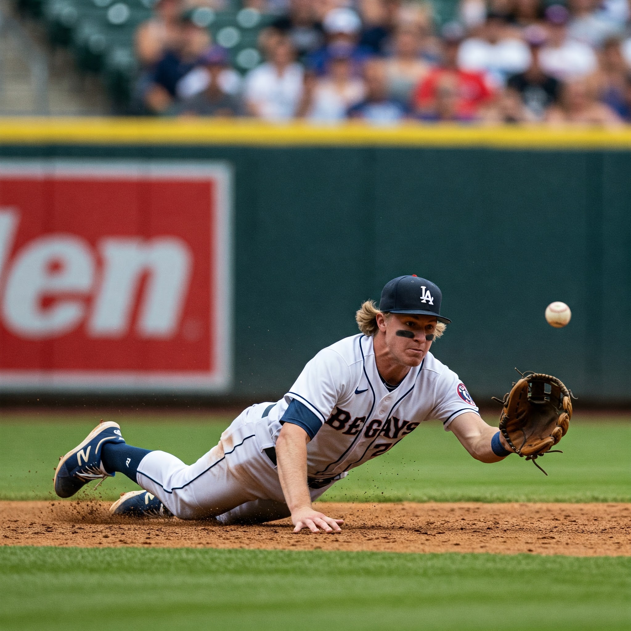 baseball infielder diving for a ground ball